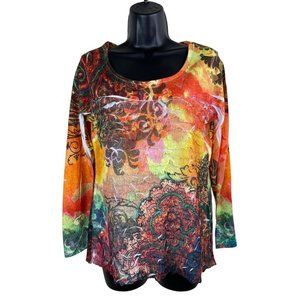 NY Collection Top Womens Size Large L Long Sleeve Orange Colorful Ruffle Stretch